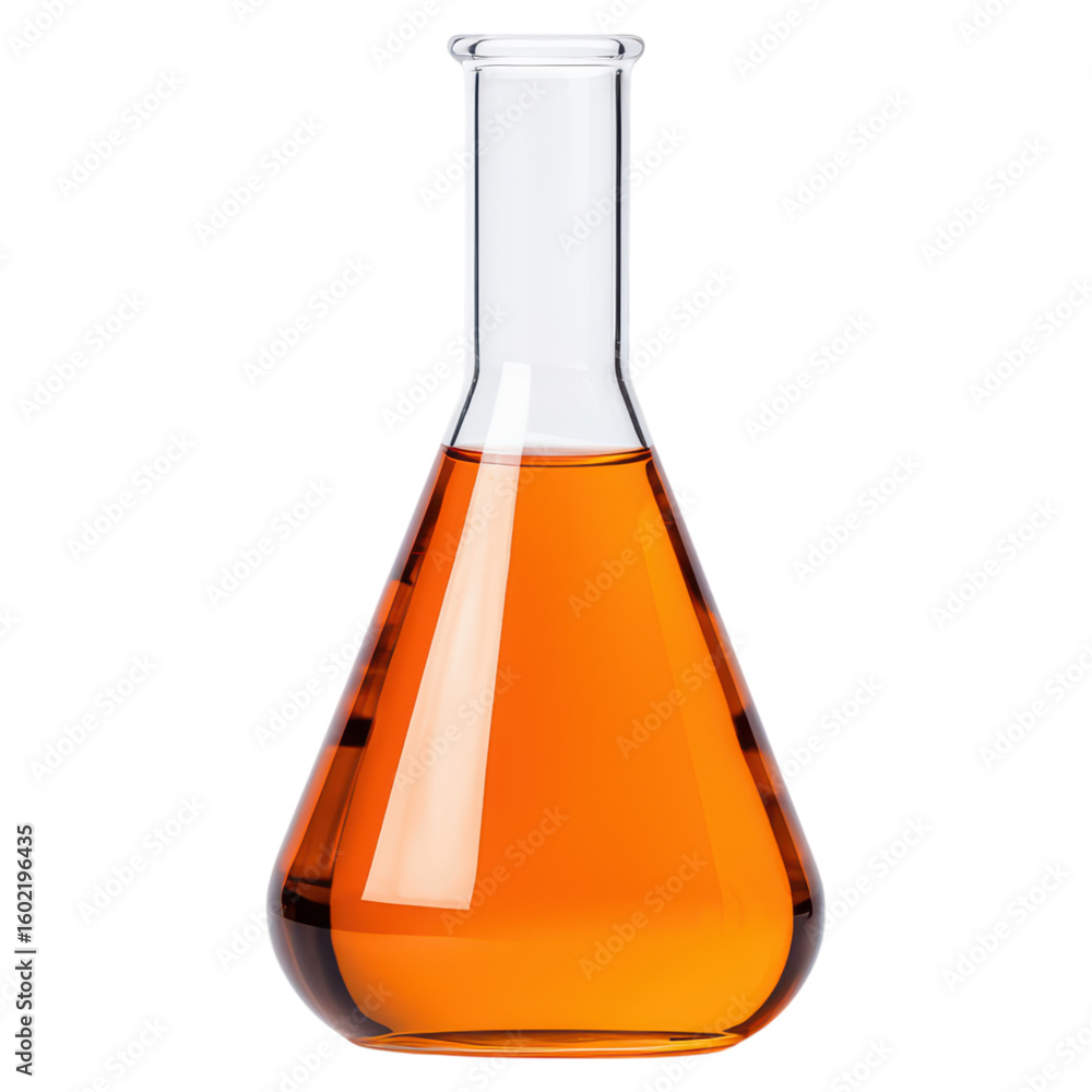 Poster orange liquid in laboratory flask for science and experimentation isolated on transparent background