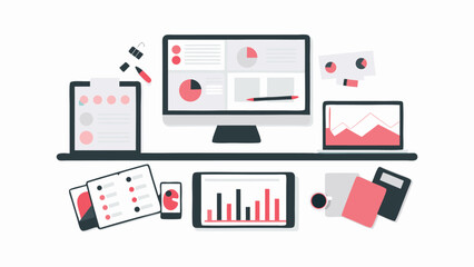 Illustration of a desk setup with computer, laptop, tablet, phone, and various office supplies