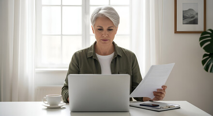 Focused senior woman working on laptop at desk, holding papers, looking intently.
