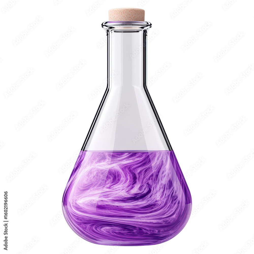 Poster purple liquid in glass flask with swirling patterns isolated on transparent background.
