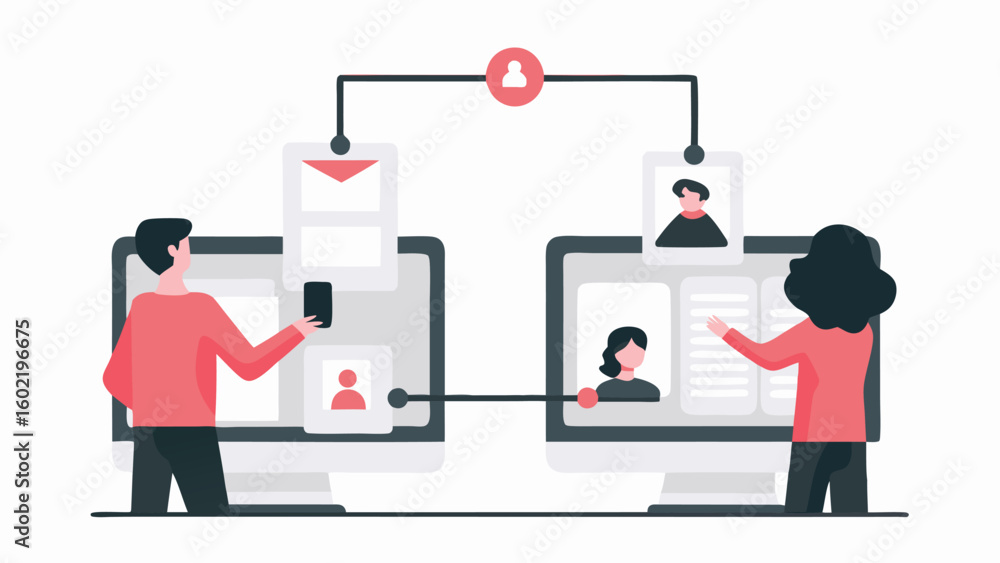 Poster illustration of two people interacting with computers connected through a network with profile icons