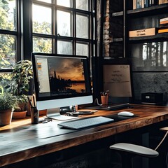 A modern workspace featuring a large computer monitor, keyboard, mouse, potted plants, bookshelves, and a large window offering a view of nature