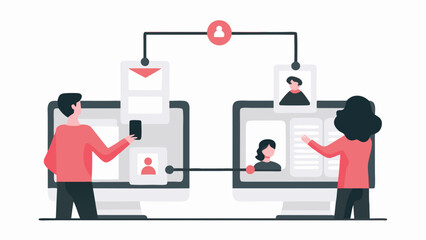 Illustration of two people interacting with computers connected through a network with profile icons