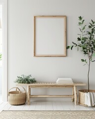 Minimalist hallway interior with a wooden bench. a framed poster. and two potted plants