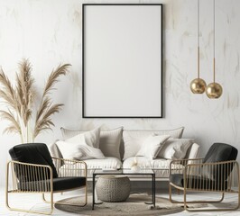 A living room interior with a white sofa. two black armchairs. and a large black framed poster