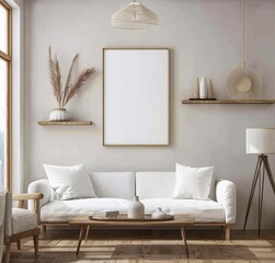Minimalist living room interior with a white sofa. wooden coffee table. and a large empty frame on the wall (2)