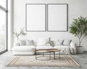 Minimalist living room interior with white sofa. two empty frames. and a patterned rug