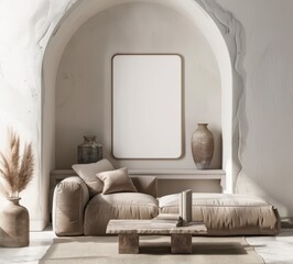 Minimalist living room with a large blank canvas mockup. beige sofa. wooden coffee table. and pampas grass in a vase