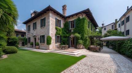 Elegant villa exterior in idyllic garden italy real estate photography serene environment wide angle view luxury living