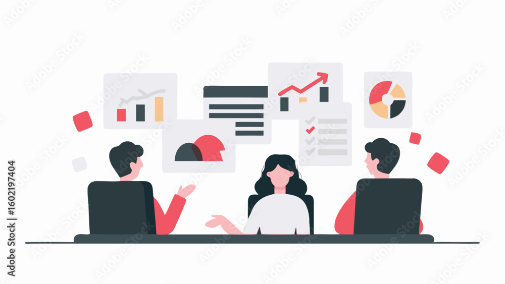 Poster illustration of a business meeting with three people and data charts in the background displayed dig
