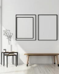 Minimalist interior design with a wooden bench. two black framed pictures. and a vase with dried flowers