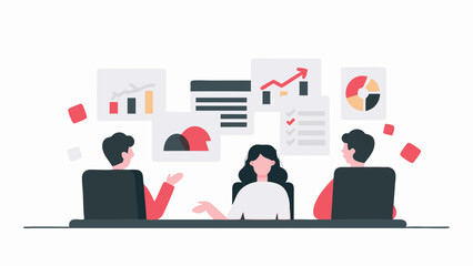 Illustration of a business meeting with three people and data charts in the background displayed digitally