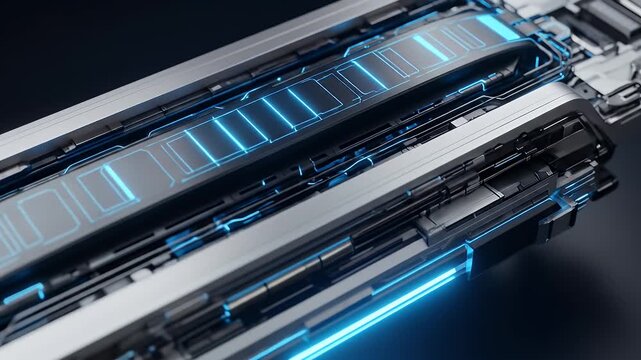 Futuristic metallic mechanism with glowing blue circuitry