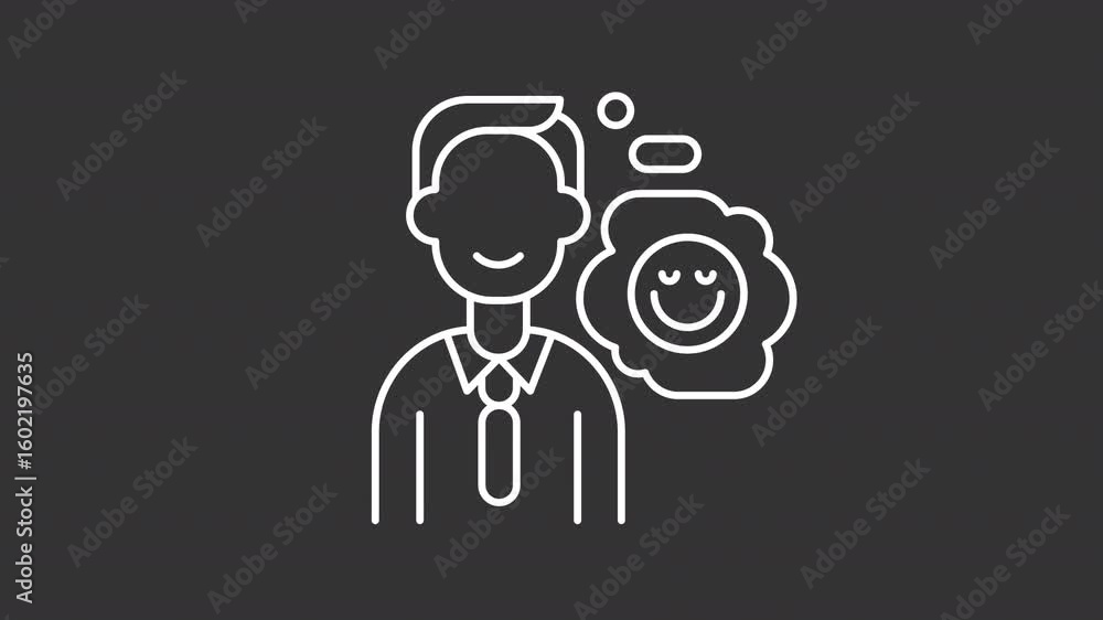 Poster positive attitude white line animation. employee satisfaction animated icon. thought bubble showing 