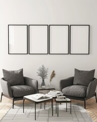 Two gray armchairs. two coffee tables. and four empty frames on a white wall in a modern living room
