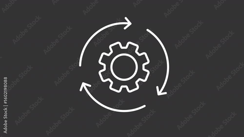 Poster process automation white line animation. workflow organization animated icon. spinning arrows, rotat