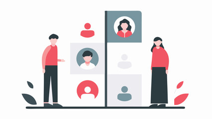 People standing near a board displaying various profile icons and silhouettes in a modern design style