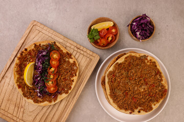 Lahmacun Is Traditional Turkish Pizza With Minced Lamb Meat On A Flat Bread. 