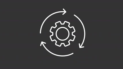 Process automation white line animation. Workflow organization animated icon. Spinning arrows, rotating gear. Production system. Isolated element on dark background. Alpha transparent video - Powered by Adobe