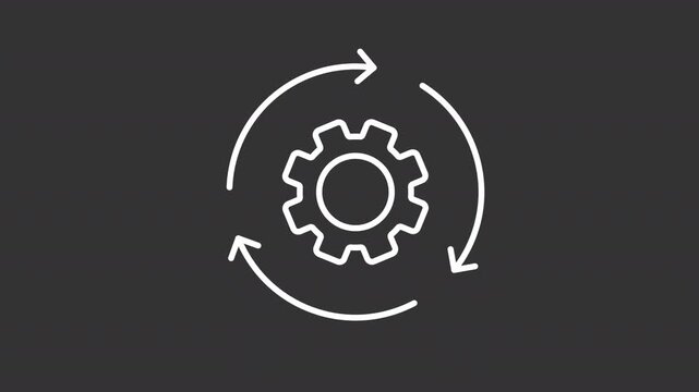 Process automation white line animation. Workflow organization animated icon. Spinning arrows, rotating gear. Production system. Isolated element on dark background. Alpha transparent video