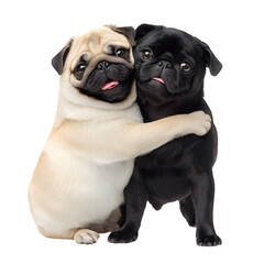 Obraz premium Adorable pug couple hugging each other and one fawn and one black coat and smiling faces and studio lighting and isolated white background Batch realistic clean bright simple modern stock image i