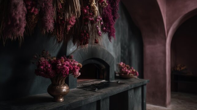 Serene floral arrangement in artistic kitchen intimate space still life modern design close-up view aesthetic inspiration