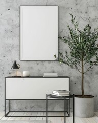 A minimalist interior design with a blank poster frame above a white cabinet with a small side table and potted plant