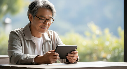 A relaxed older Asian man with glasses sits at a table and enjoys reading on his tablet.