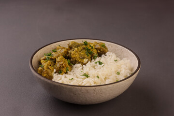 Lamb Korma is Lamb or Mutton with a Sauce Made From Yoghurt  and Almonds, Served with Rice. 