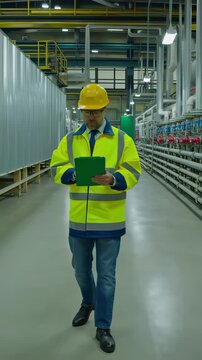 A Professional Worker in Safety Gear Inspects Equipment Operatively in a Well-Organized Industrial Facility, Emphasizing Safety and Efficiency in a Production Environment.