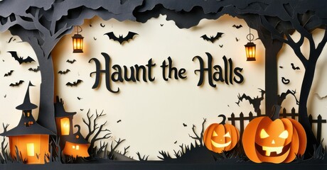Halloween scene. Spooky houses, pumpkins, bats, trees. Festive lettering reads Haunt the Halls. Papercraft style illustration.