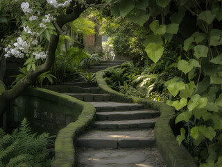 Moss Covered Stone Steps Curving Pathway Lush Green Tropical Garden White Flowers Dark Stone Walls Fern Plants Sunlight dappledleaves