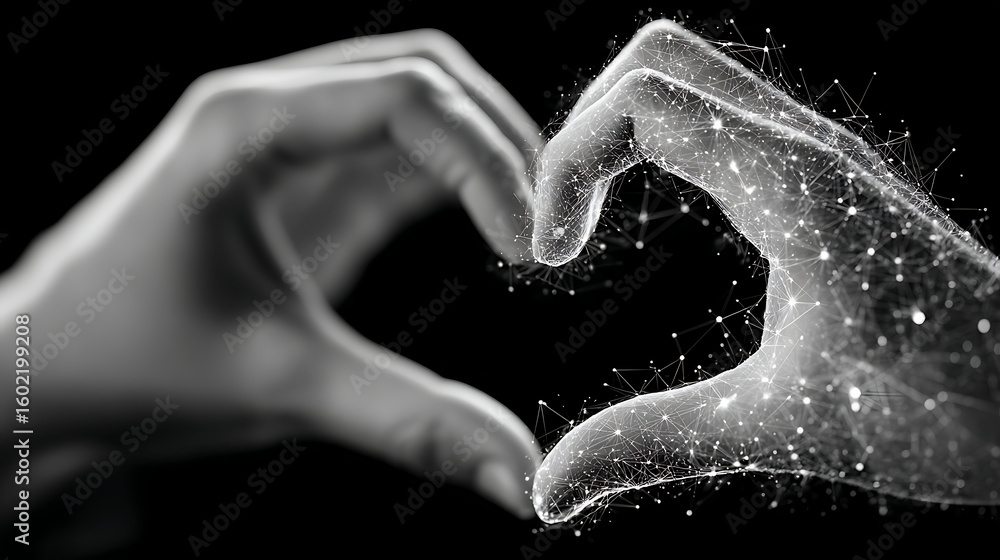 Poster two hands joining together creating heart shape with network connection
