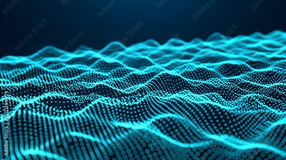 Poster a mesmerizing digital wave pattern of blue particles flows across a dark background, symbolizing dat
