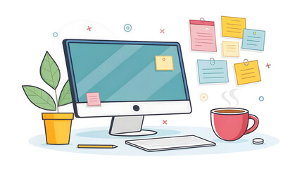 Modern workspace:  computer, keyboard, coffee, sticky notes, plant, minimalist style, productive mood.