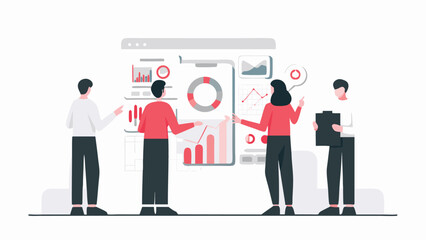 Team analyzing data on a screen with charts and graphs in a collaborative business meeting setting