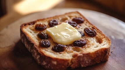 Close-up of toasted bread with raisins and butter.