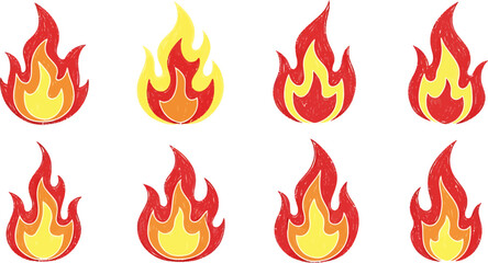 Vector illustration set of cartoon fire flame icons. A collection of burning bonfire symbols for design.