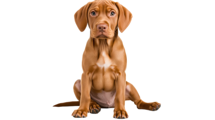 Title: Attentive Vizsla Dog Sitting and Staring Directly at Camera Isolated on White Background