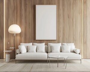 Minimalist living room with a white couch. a floor lamp. a coffee table. and a blank canvas on a wooden wall