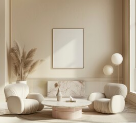 A minimalist living room interior with two white armchairs. a round coffee table. a tall plant. and a large empty picture frame on the wall