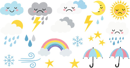 A cute collection of kawaii weather icons with emotions. Vector set including cloud, sun, rain, snow, and rainbow.