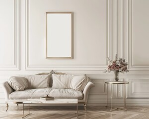A white couch with gold accents sits in a classic white living room with a blank canvas on the wall and a vase of flowers on a side table