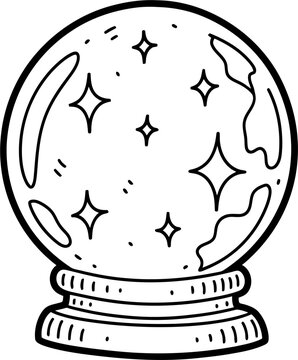 recommend clip art: Hand-drawn crystal ball with stars. Black and white magic sphere for fortune telling. Simple line art doodle illustration.