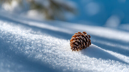 A detailed close-up of a lone pinecone partially buried in pristine snow