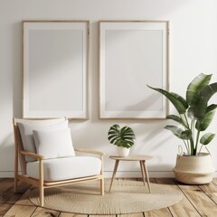 Minimalist living room interior with a wooden armchair. a side table with a plant. and two empty frames on the wall