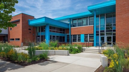 Fototapeta premium Modern eco-friendly elementary school with brick facade and greenery