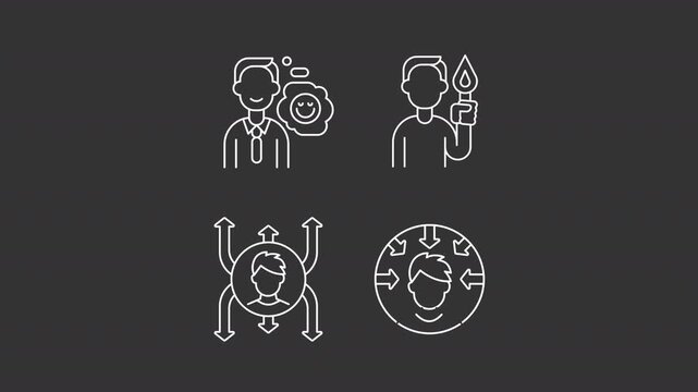 Human resources animation set. Employees animated white line icons. Career development, growth. Customer centricity, marketing. Isolated elements on dark background. Alpha channel HD video