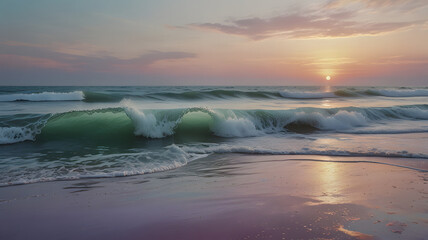 Capturing the serene beauty of a summer sunset, golden light reflects on calm ocean waves under a vast blue sky with distant clouds at the horizon