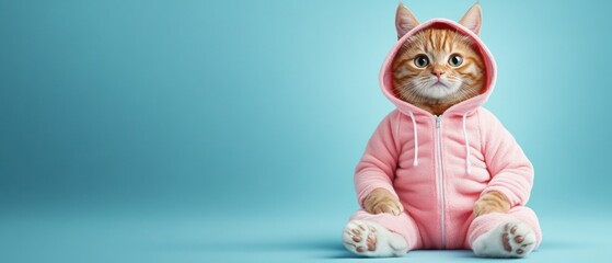 Curious Cat in Pink Onesie on Light Blue Background, Playful Calm looking wearing sport clothes